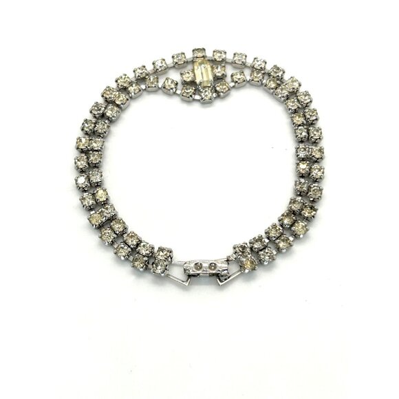 Vintage Clear Rhinestone Bracelet With Double Row Design & Center Baguette Stone - Picture 7 of 10